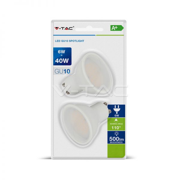 6Wx2vnt/pakuotėje LED lemputės SMD V-TAC GU10, baltas plastikas, (4000K) natūraliai balta