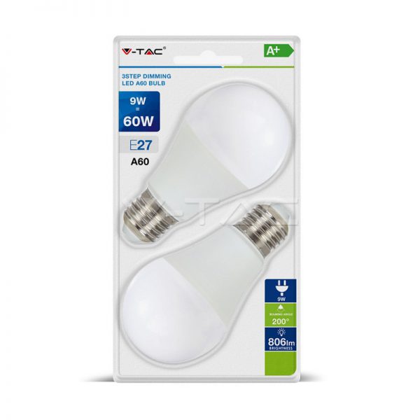 9Wx2vnt/pakuotėje LED lemputės V-TAC, A60, E27, keičiančios spalvas 3 in 1, (4000K) natūraliai balta
