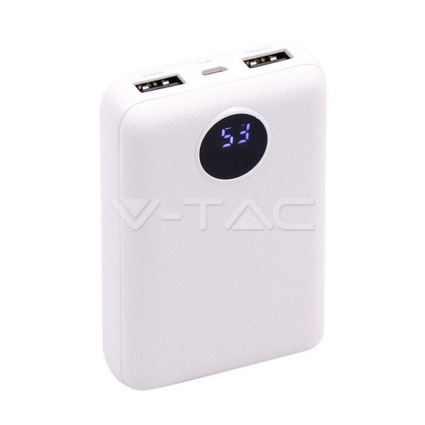 Išorinė baterija (power bank) V-TAC, baltas su ekranu, 10000mAh