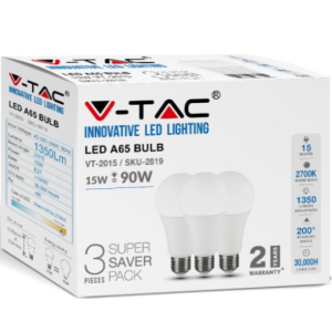 15W LED lemputės V-TAC, 2700K, E27, A65, pakuotėje 3vnt.