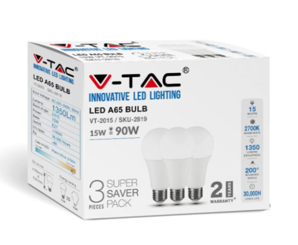 15W LED lemputės V-TAC, 2700K, E27, A65, pakuotėje 3vnt.