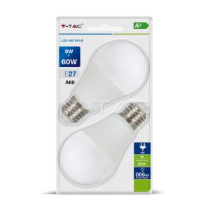 9Wx2vnt/pakuotėje LED lemputės V-TAC, A60, E27, termoplastikas, (4000K) natūraliai balta